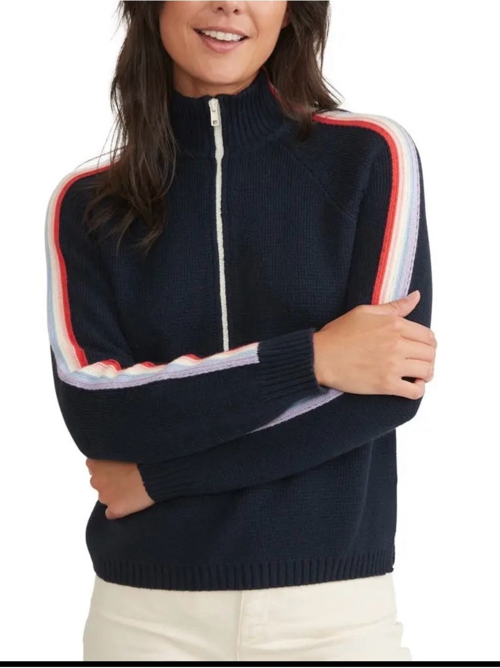 Marine Layer Navy Half-Zip Sweater with Rainbow Sleeve Stripes